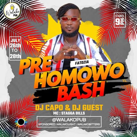 Pre Homowo Bash event flyer for Walako Pub, July 26 to 28